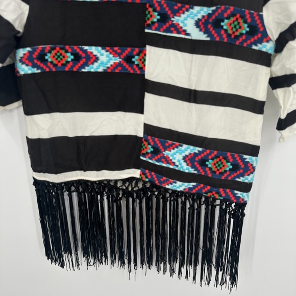 Floreat Blouse Top Women XSP Black White Embroidered Fringed Latitude Round Neck - Picture 10 of 14